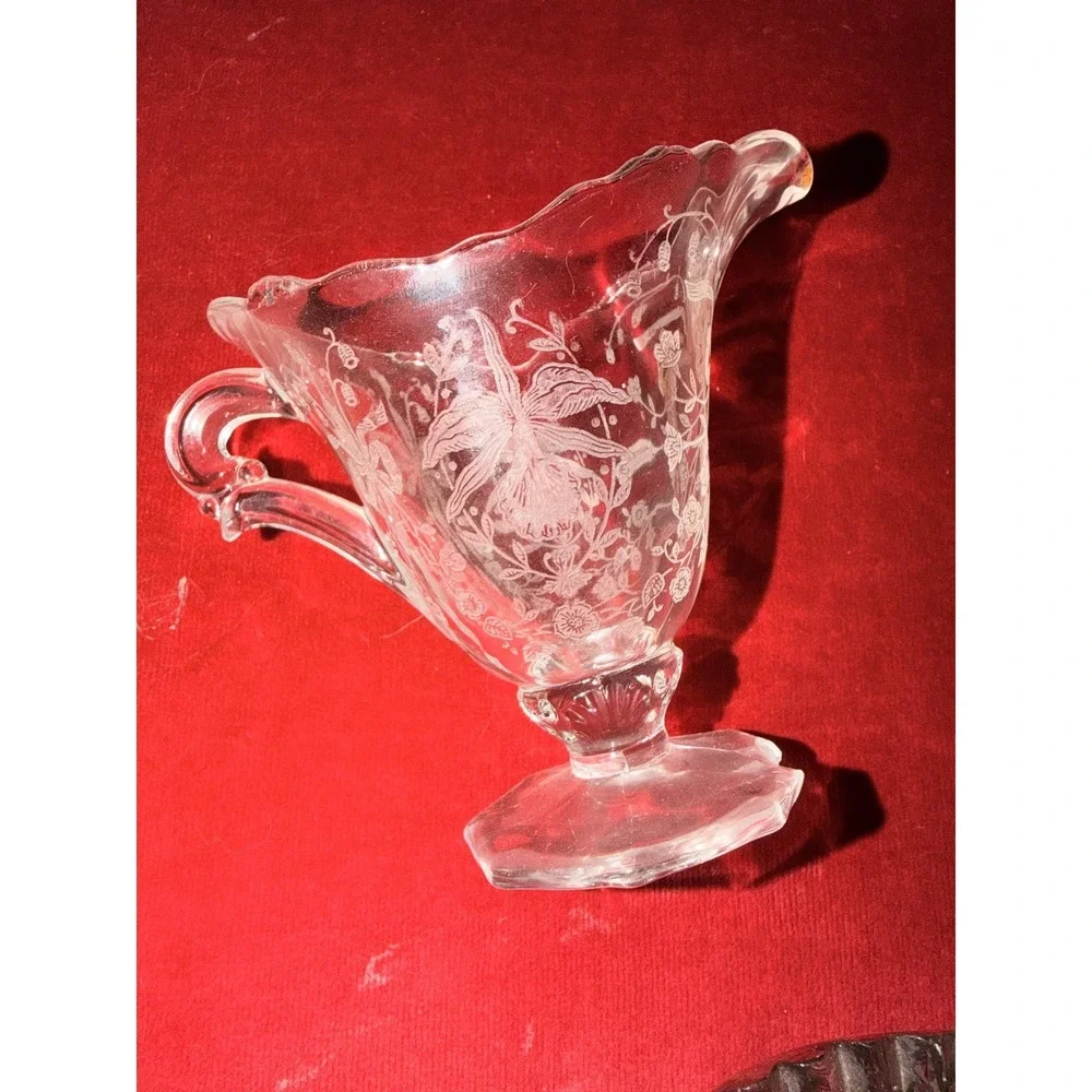 Vintage Cut Glass Creamer & Sugar Set With Tray Clear Floral Etched Design